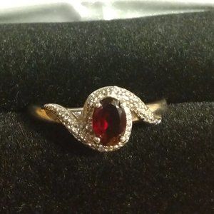 Garnet with Diamond Chips Silver 925 Ring Size 10 Women